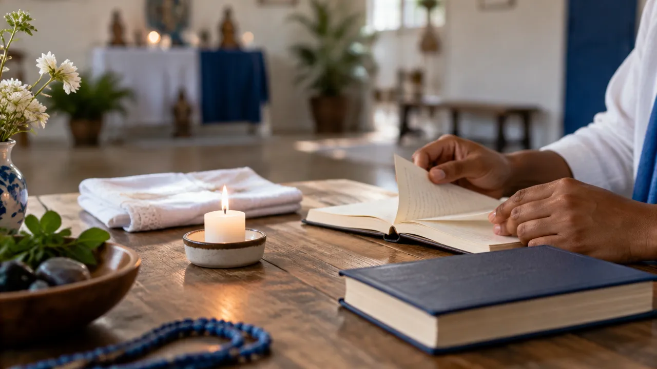 Caderno e livro em espaço espiritual simples, simbolizando estudo e diversidade de práticas na Umbanda