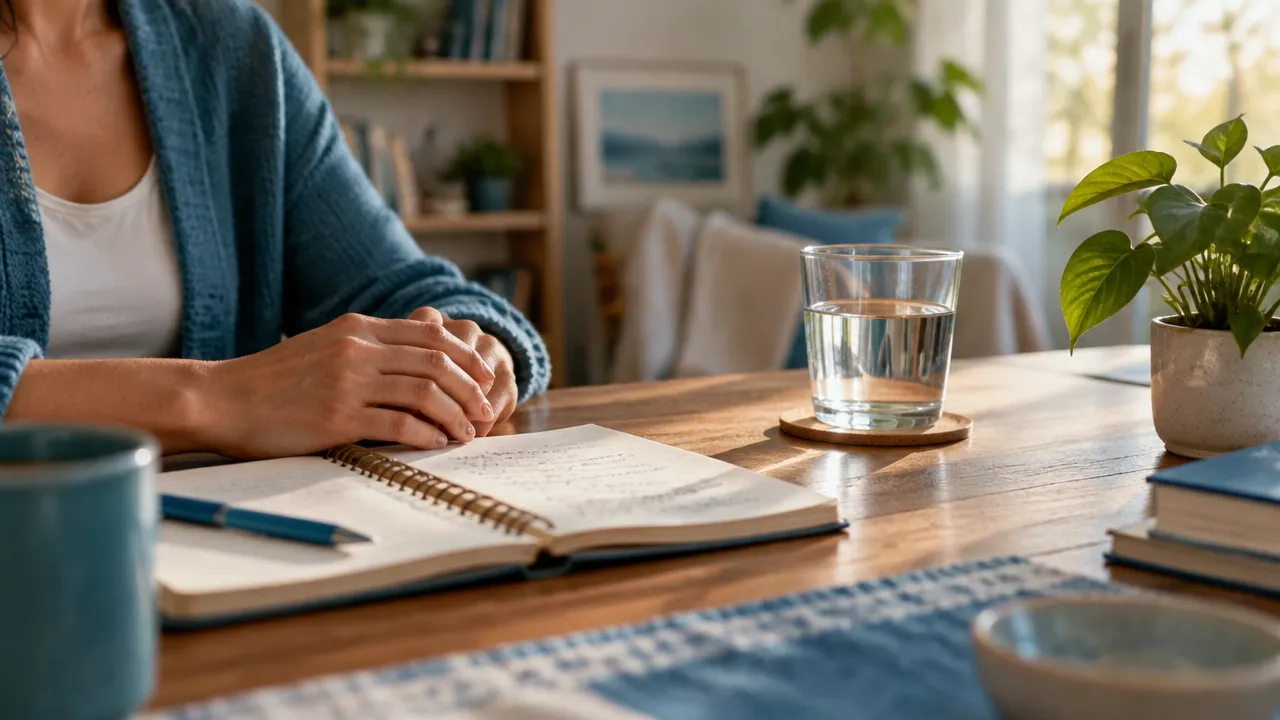 Caderno e mãos em pausa enquanto uma pessoa observa os sinais emocionais antes de agir