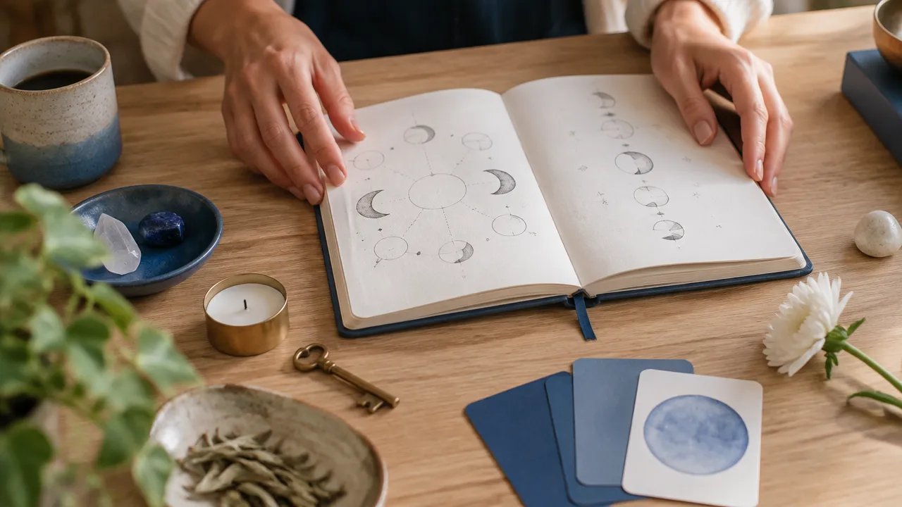 Caderno e objetos simbólicos organizados para planejar uma prática planetária reflexiva