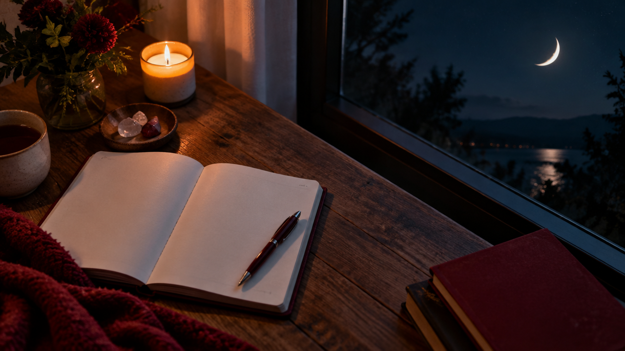 Caderno e vela junto à janela sob a luz da Lua, em uma prática de reflexão espiritual