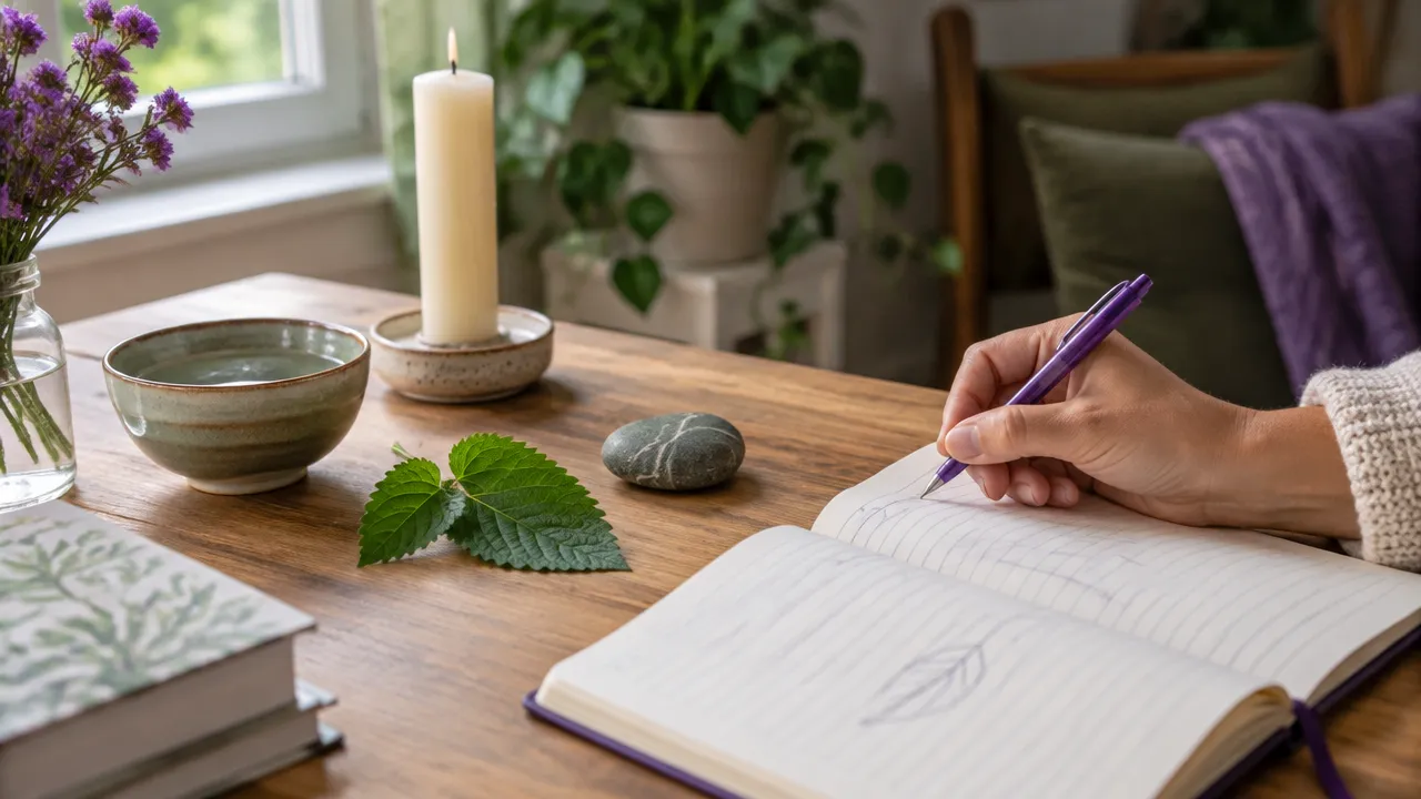 Caderno, folha, pedra e tigela de água em uma prática simbólica simples de conexão com a natureza.