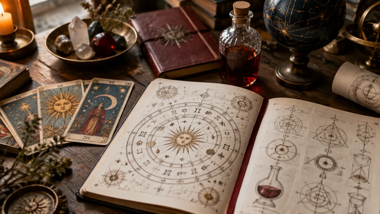 Caderno, mapa astral e cartas simbólicas sobre uma mesa de estudo esotérico