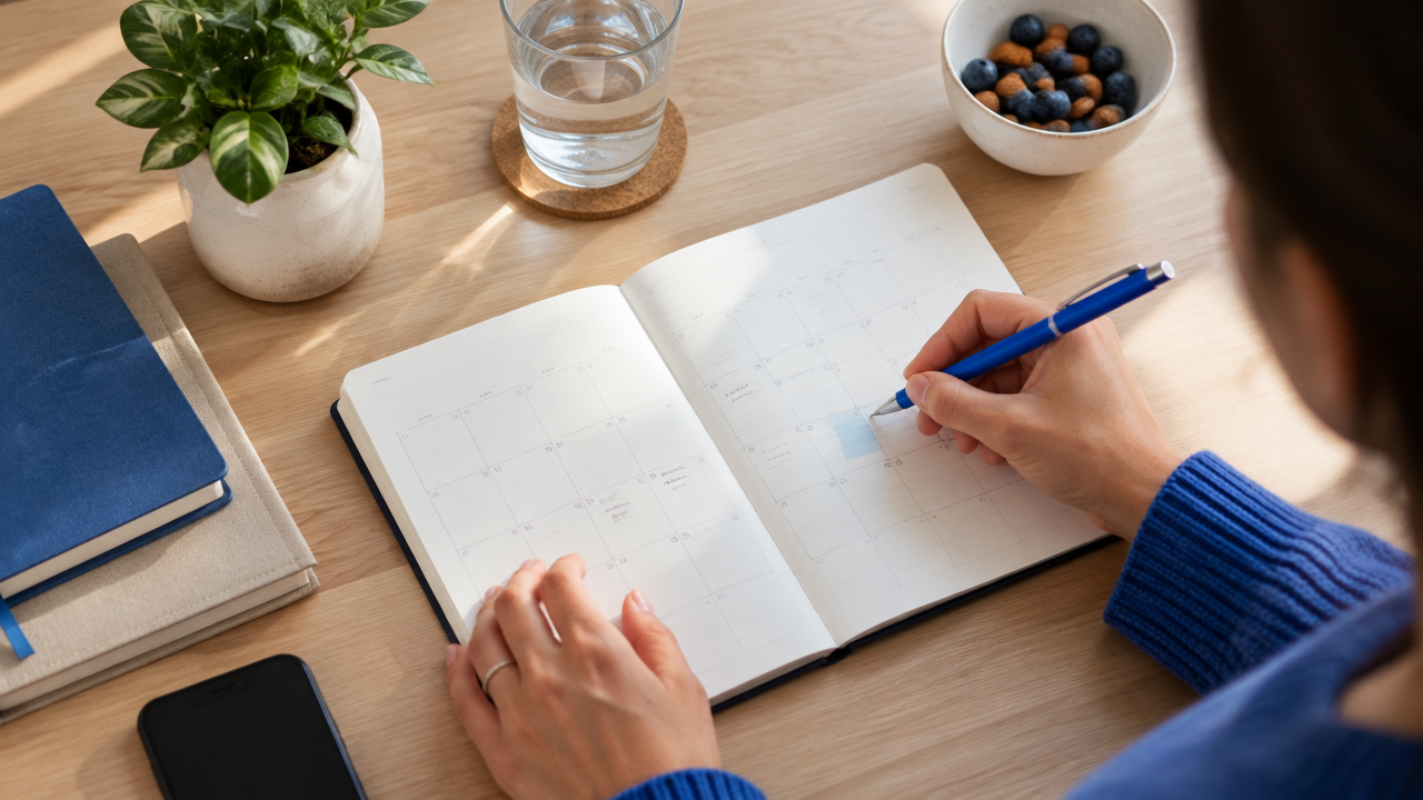 Caderno semanal, copo de água e planta sobre uma mesa enquanto uma pessoa organiza hábitos simples de autocuidado