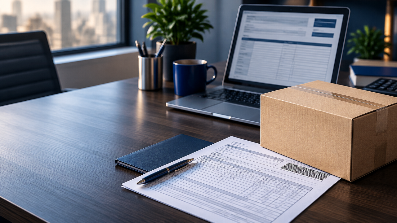 Caixa de produto e nota fiscal ao lado de um laptop com dados fiscais, representando a identificação do CEST na emissão de documentos