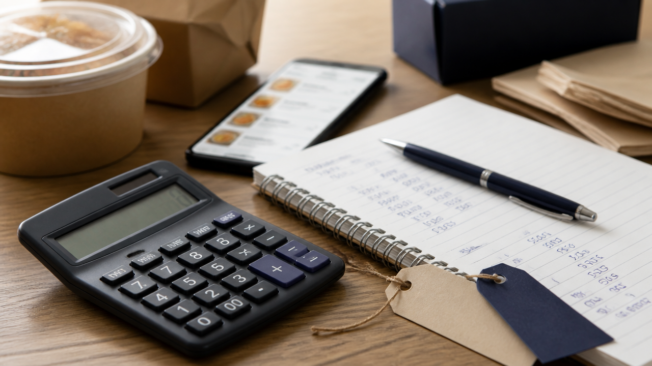 Calculadora, anotações de custos e embalagens de delivery em uma mesa organizada.