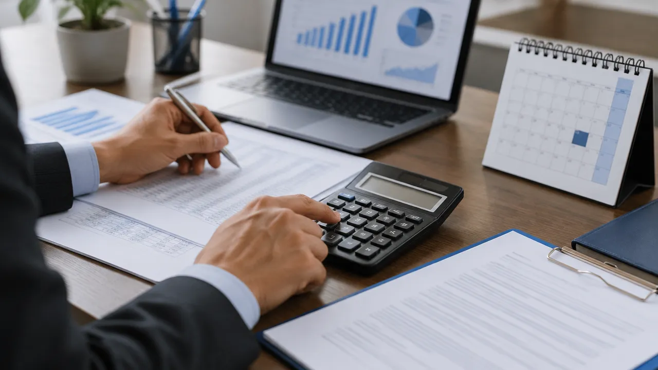 Calculadora, calendário e contrato ilustram o cálculo do IOF em um empréstimo empresarial
