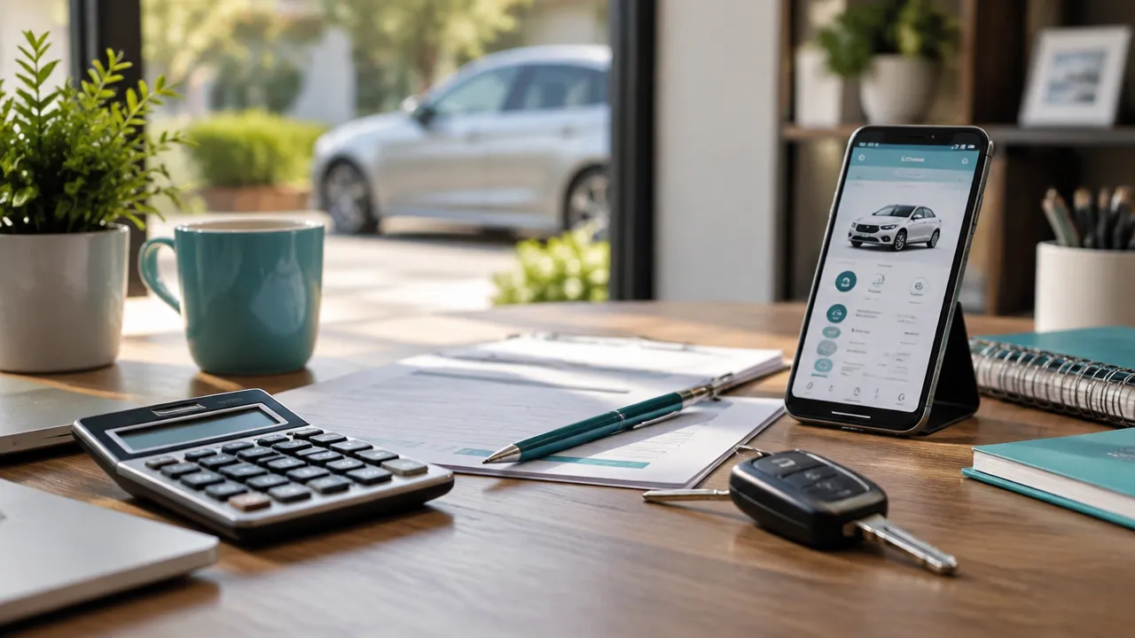 Calculadora, celular e documentos organizados para estimar o valor anual do imposto do veículo.