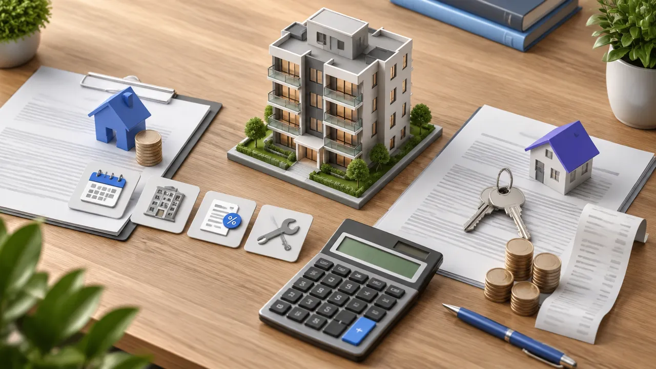 Calculadora, contrato e orçamento para comparar os custos de compra e aluguel de um imóvel