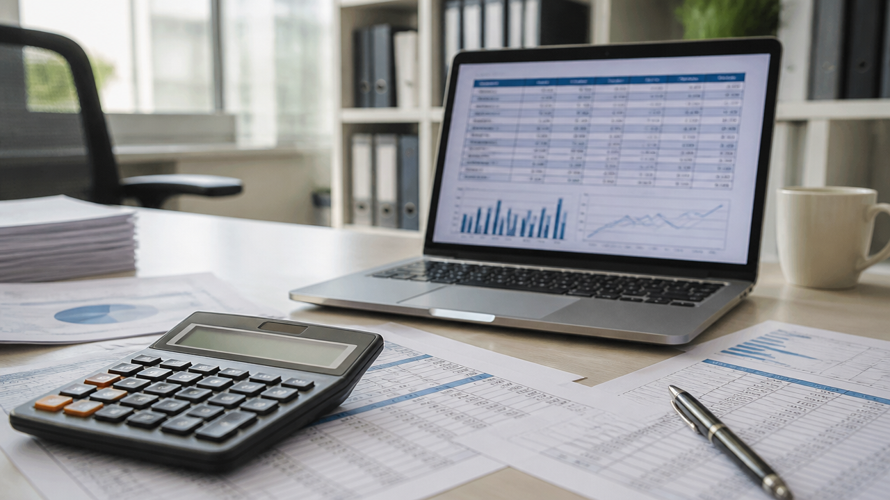 Calculadora e planilha com simulação de pró-labore, INSS e faixas de contribuição em um escritório contábil.