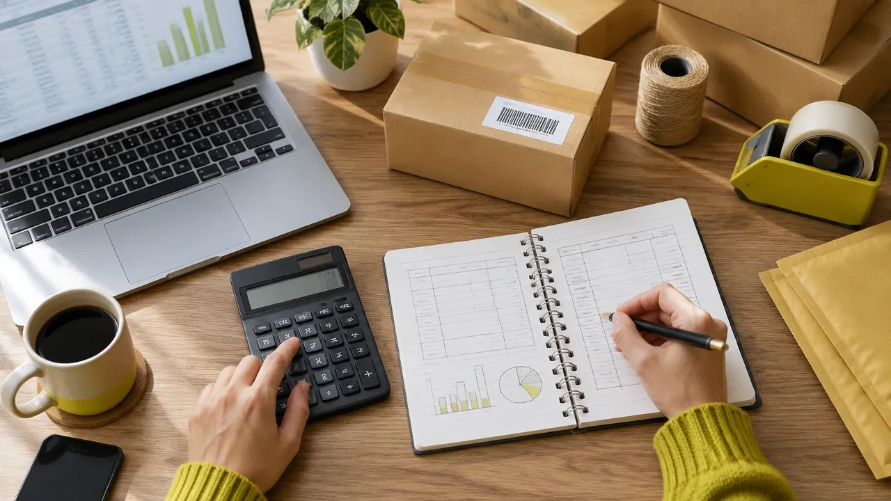 Calculadora, planilha e produto embalado em uma mesa para analisar margem de venda