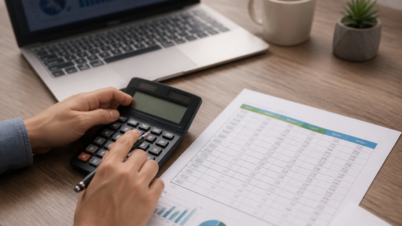 Cálculo de pró-labore com calculadora e planilha sobre a mesa
