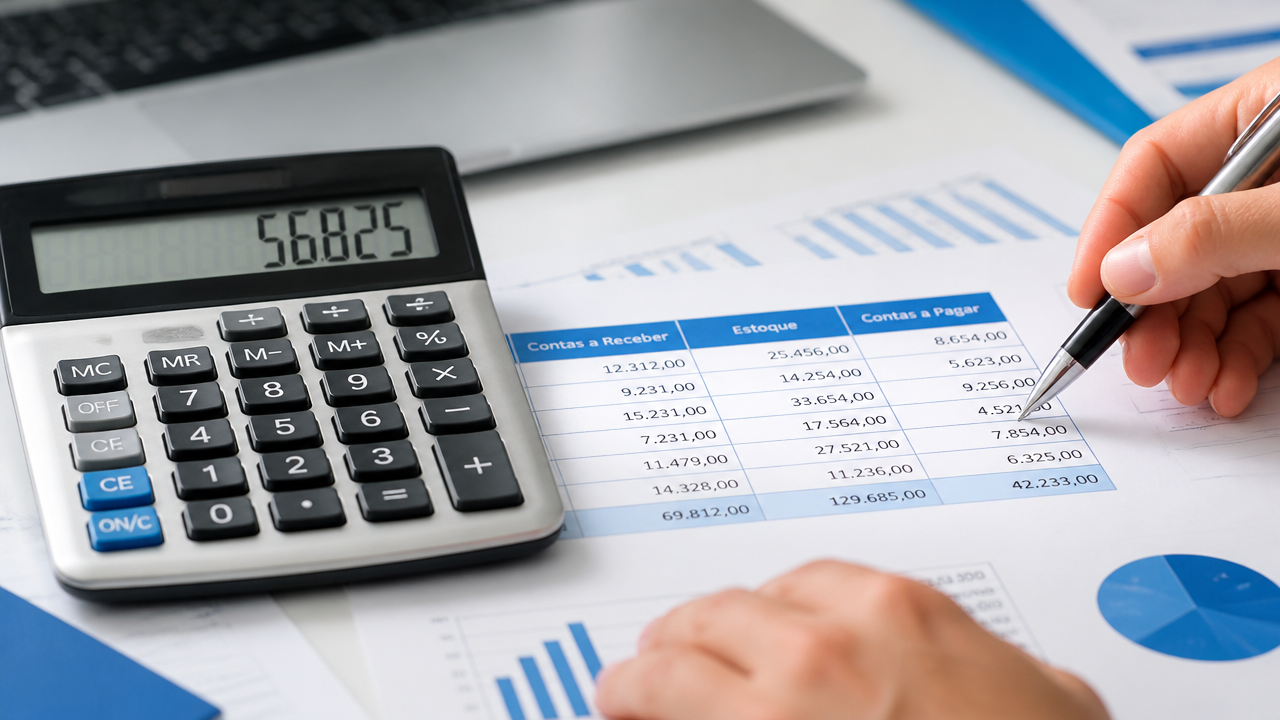 Cálculo financeiro do capital de giro com planilha e calculadora sobre a mesa