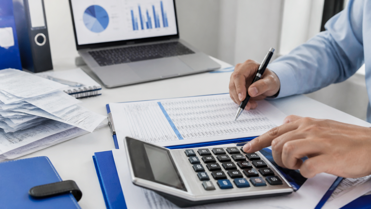 Cálculo tributário com notas fiscais, calculadora e planilha em mesa de escritório.