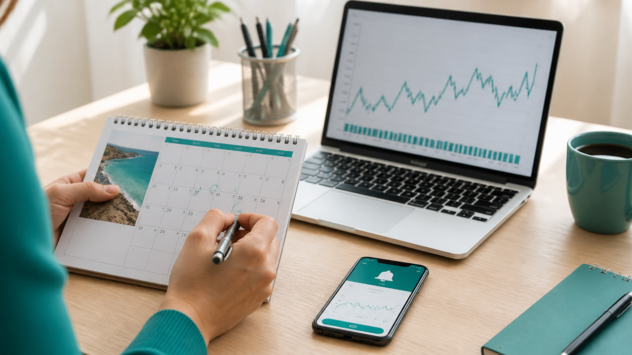 Calendário de viagem, celular com alerta e notebook usados para monitorar preços de voos.
