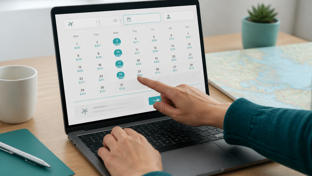 Calendário e pesquisa de voos usados para comparar datas mais baratas de viagem