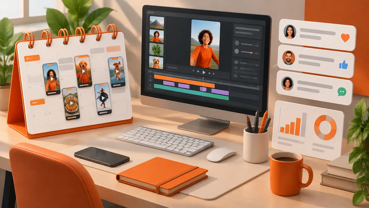 Editorial calendar, short videos, comments, and graphs organized on an isometric digital table
