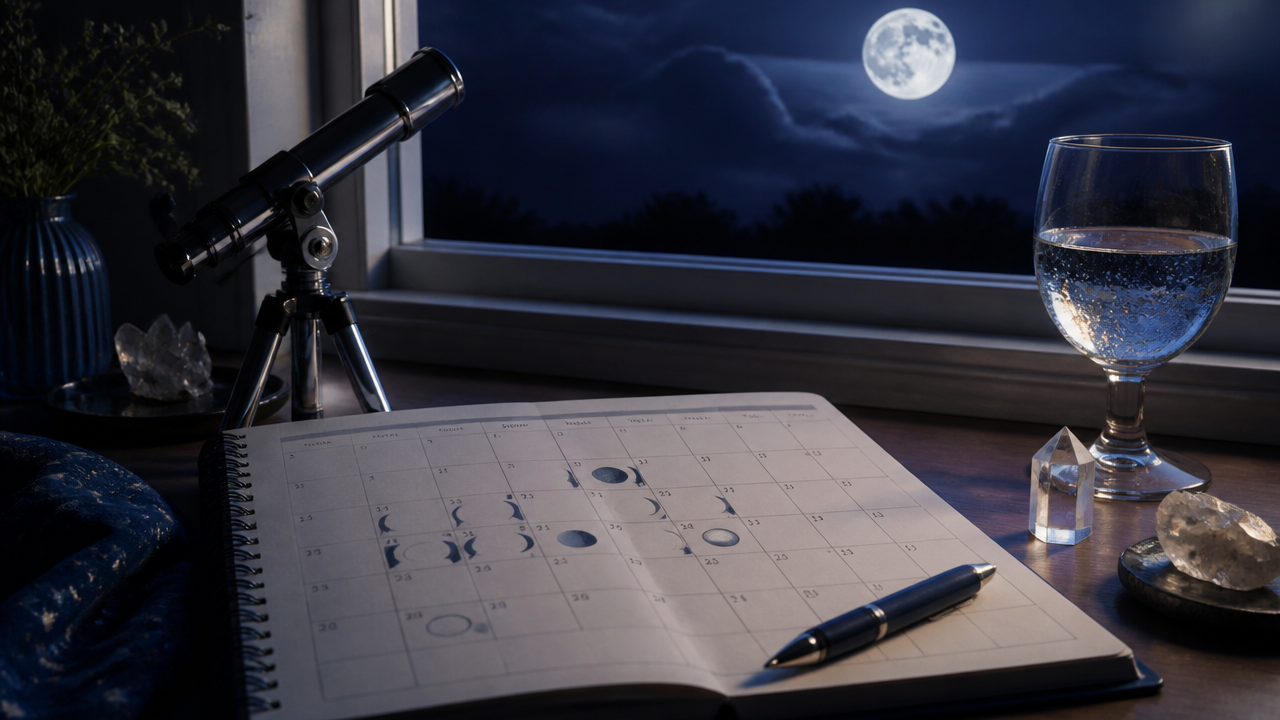 Calendário semanal ao lado de cristal e luz da lua, sugerindo acompanhamento das fases lunares
