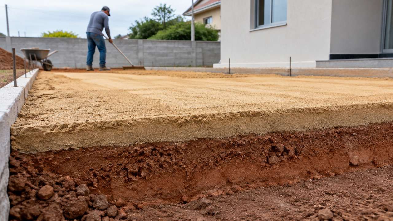 Camadas niveladas de areia e aterro em um terreno de obra, com a espessura visível na lateral