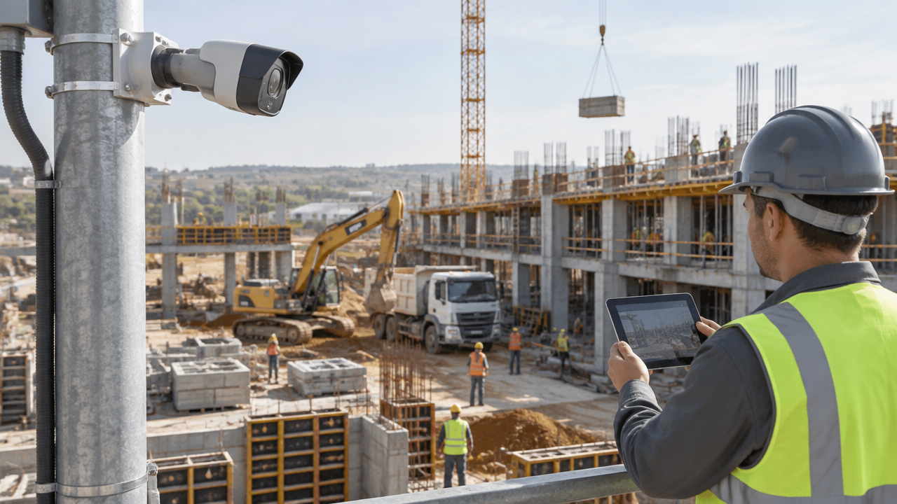 Câmera de monitoramento registra visualmente a atividade e a segurança em um canteiro de obras