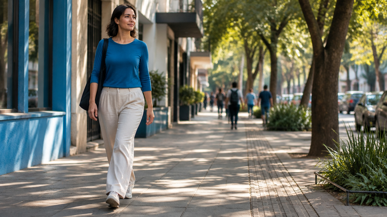 Caminhante atento percebe o apoio dos pés e os estímulos da rua durante um trajeto urbano