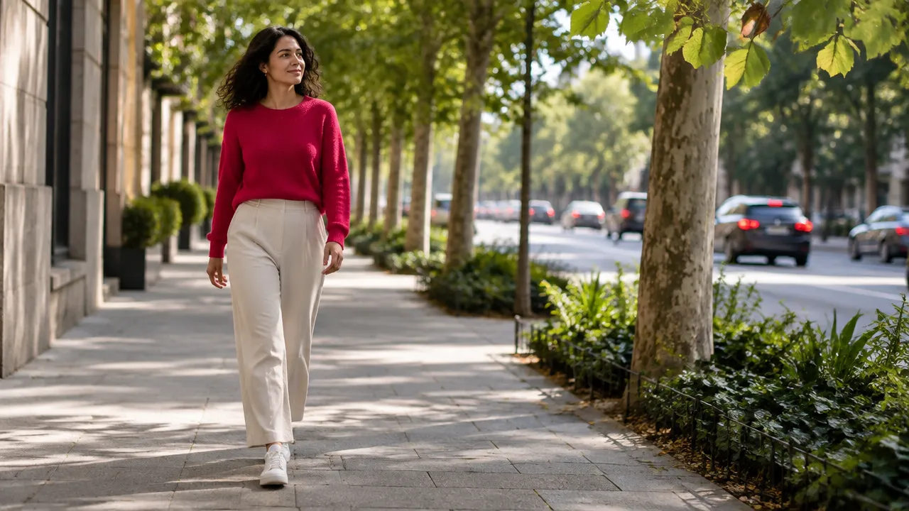 Caminhante atento percebendo os passos, as árvores e o ambiente urbano com segurança