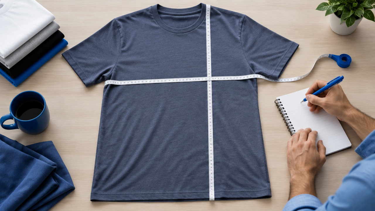 Camiseta masculina estendida com fita métrica para conferir largura e comprimento antes de escolher o tamanho
