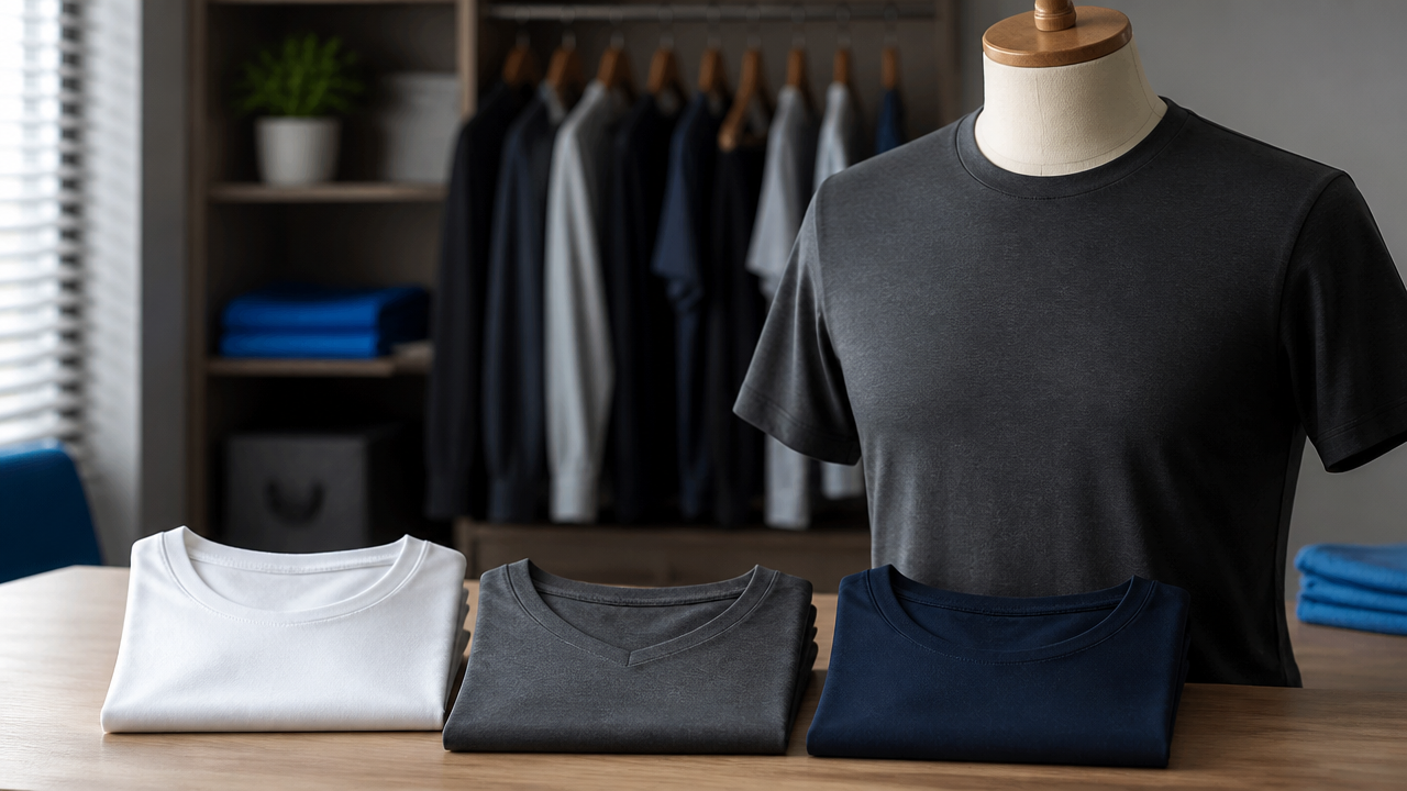 Camisetas masculinas lisas com gola redonda e gola V em cores neutras