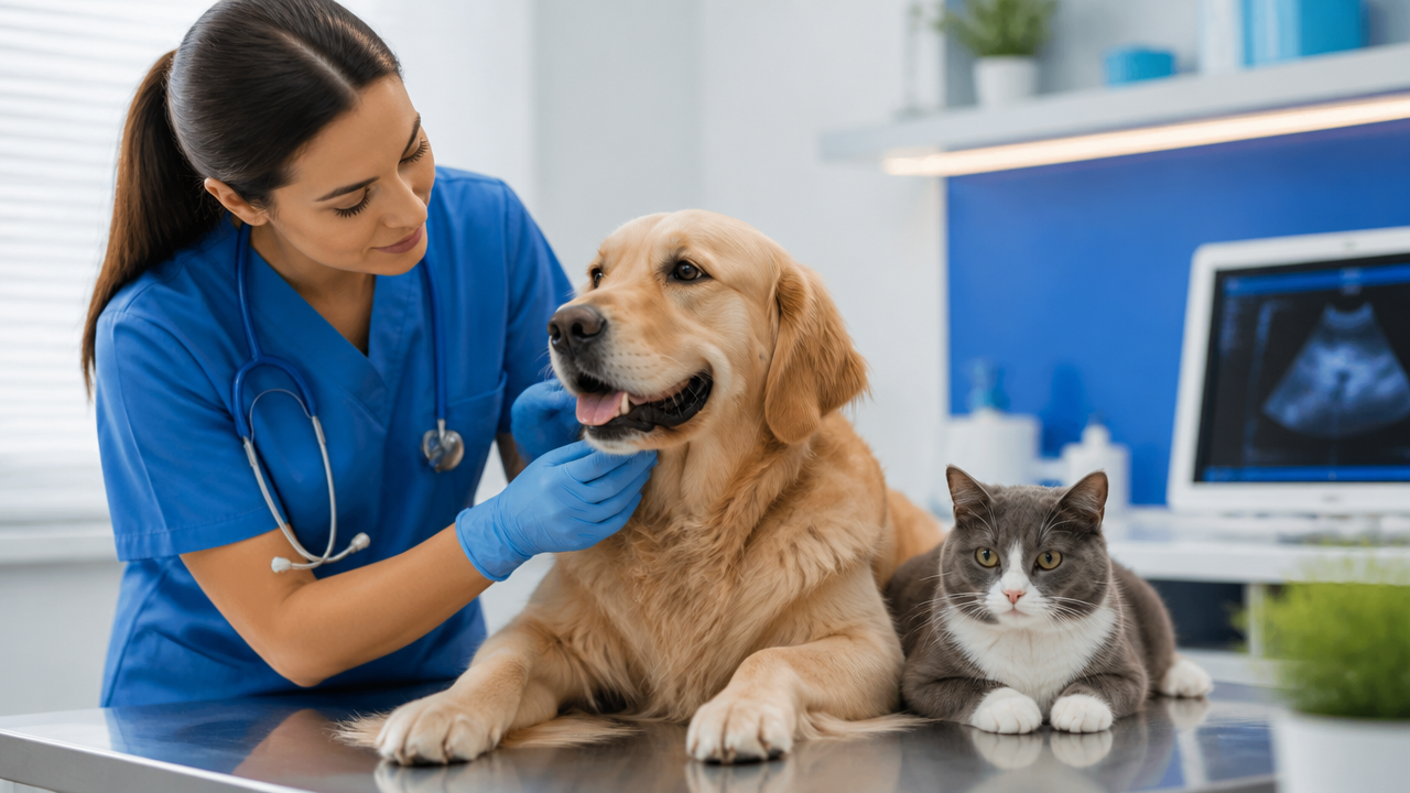 Veterinária examinando um cão em clínica moderna, com referência ao cuidado oncológico de cães e gatos
