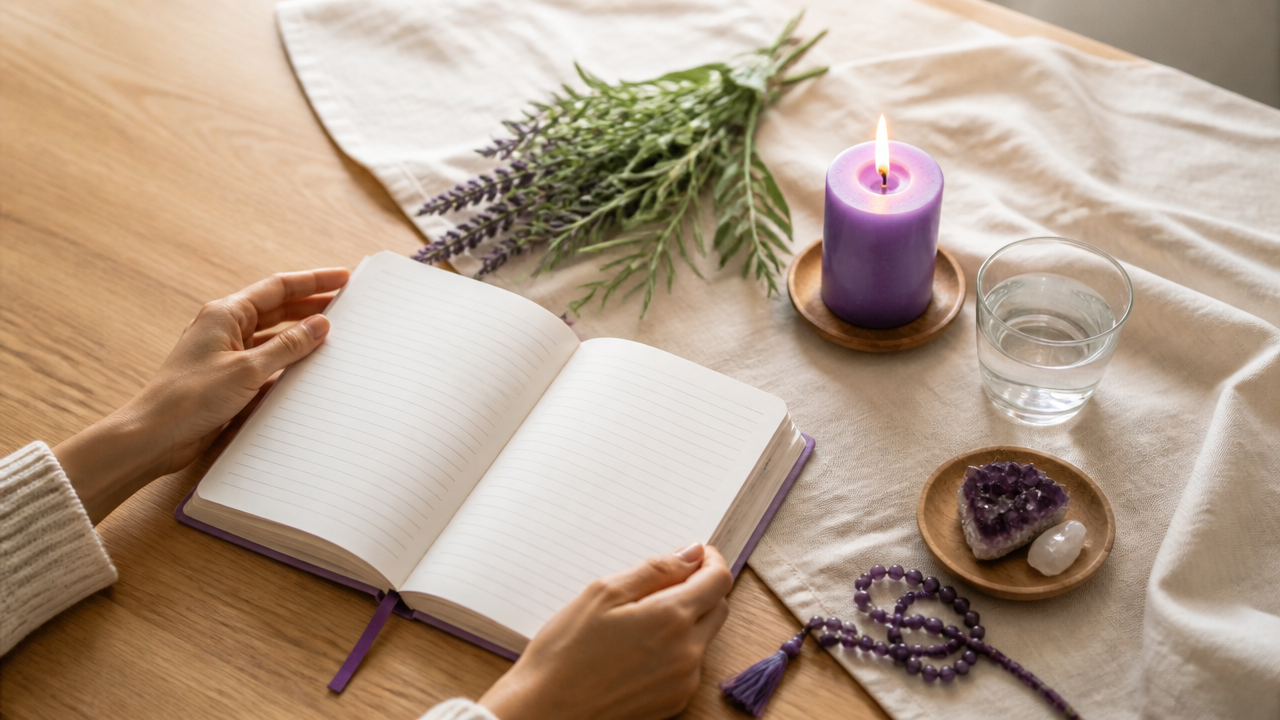 Cantinho de oração em casa com vela, água e caderno de intenções em mesa de madeira clara