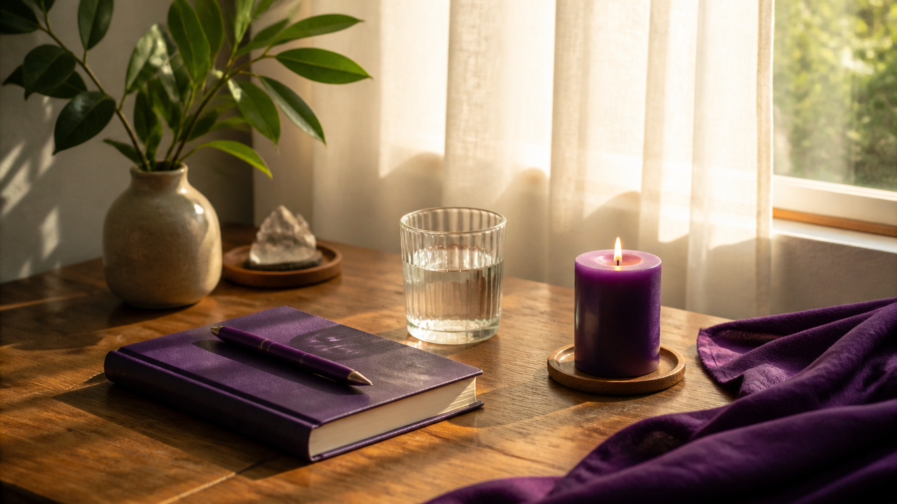 Cantinho organizado para um ritual de gratidão com caderno, água e luz da manhã.