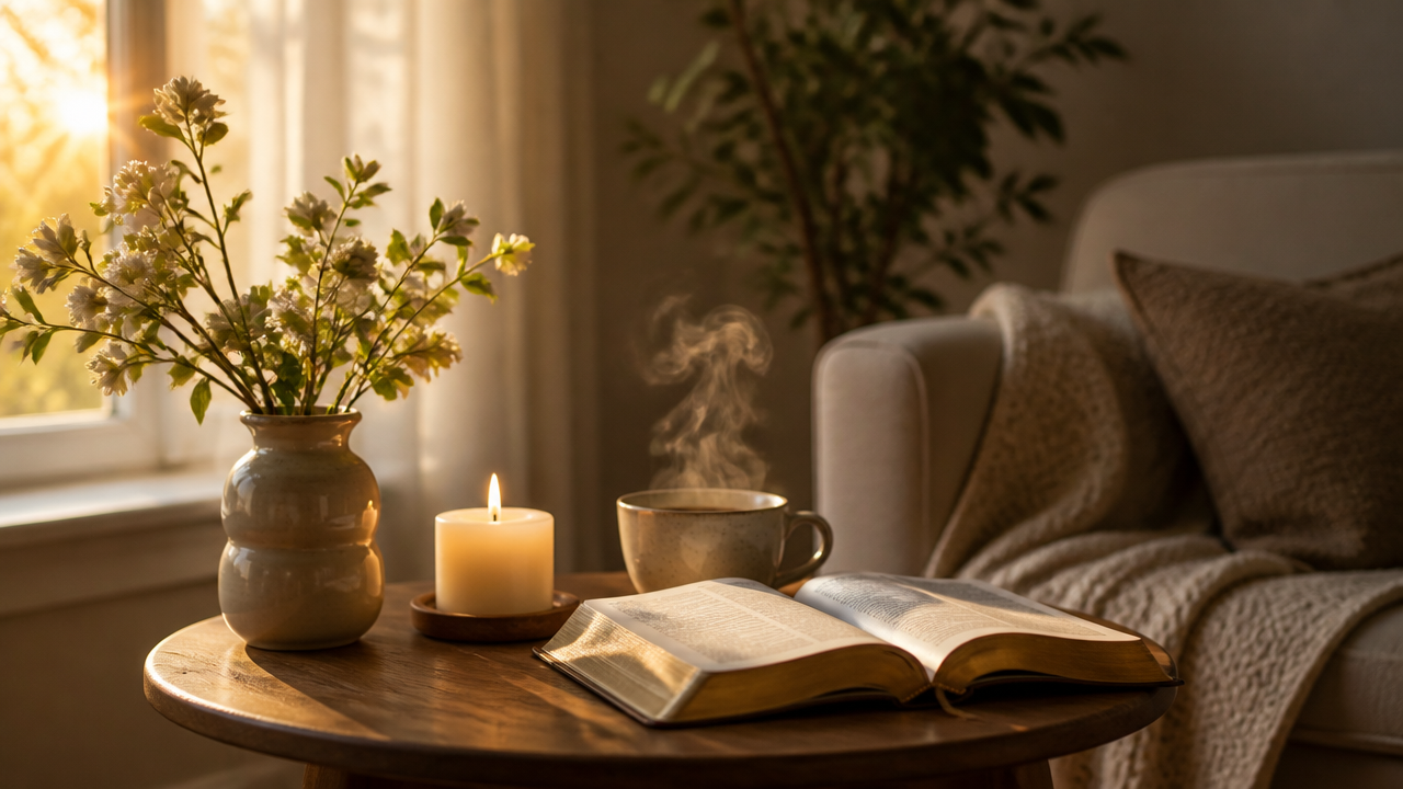 Canto da casa organizado com chá, vela, flores e Bíblia em clima de paz