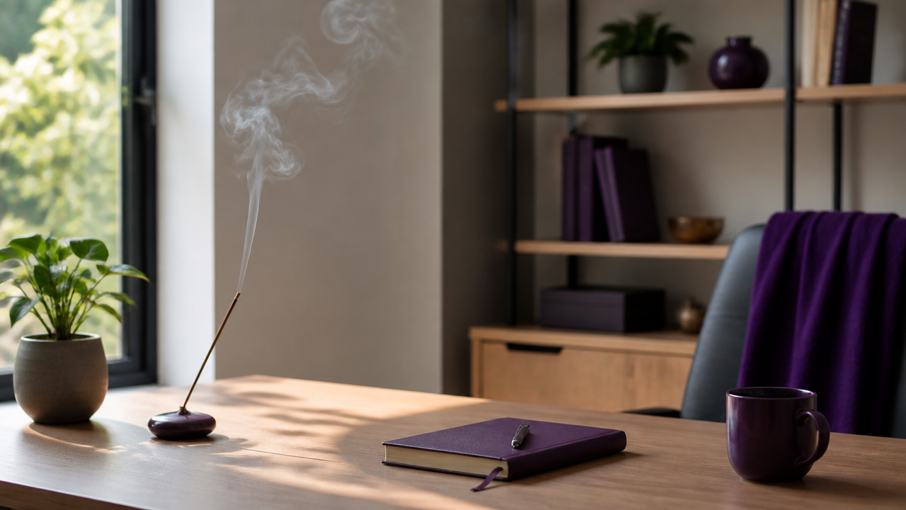 Canto de escritório com incenso aceso, luz natural e ambiente sereno para concentração.