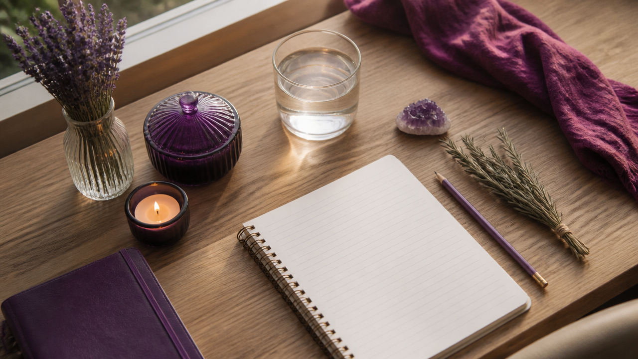 Canto de estudos preparado com caderno, água, cristal e ervas para um novo ciclo de aprendizado