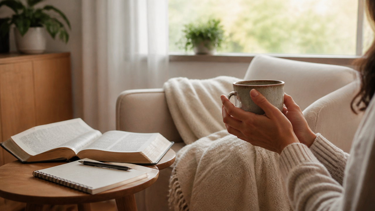Canto de oração em casa com Bíblia aberta, caderno e luz suave entrando pela janela