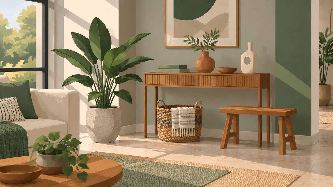Canto de sala com planta em vaso, aparador de madeira e poucos objetos decorativos bem distribuídos
