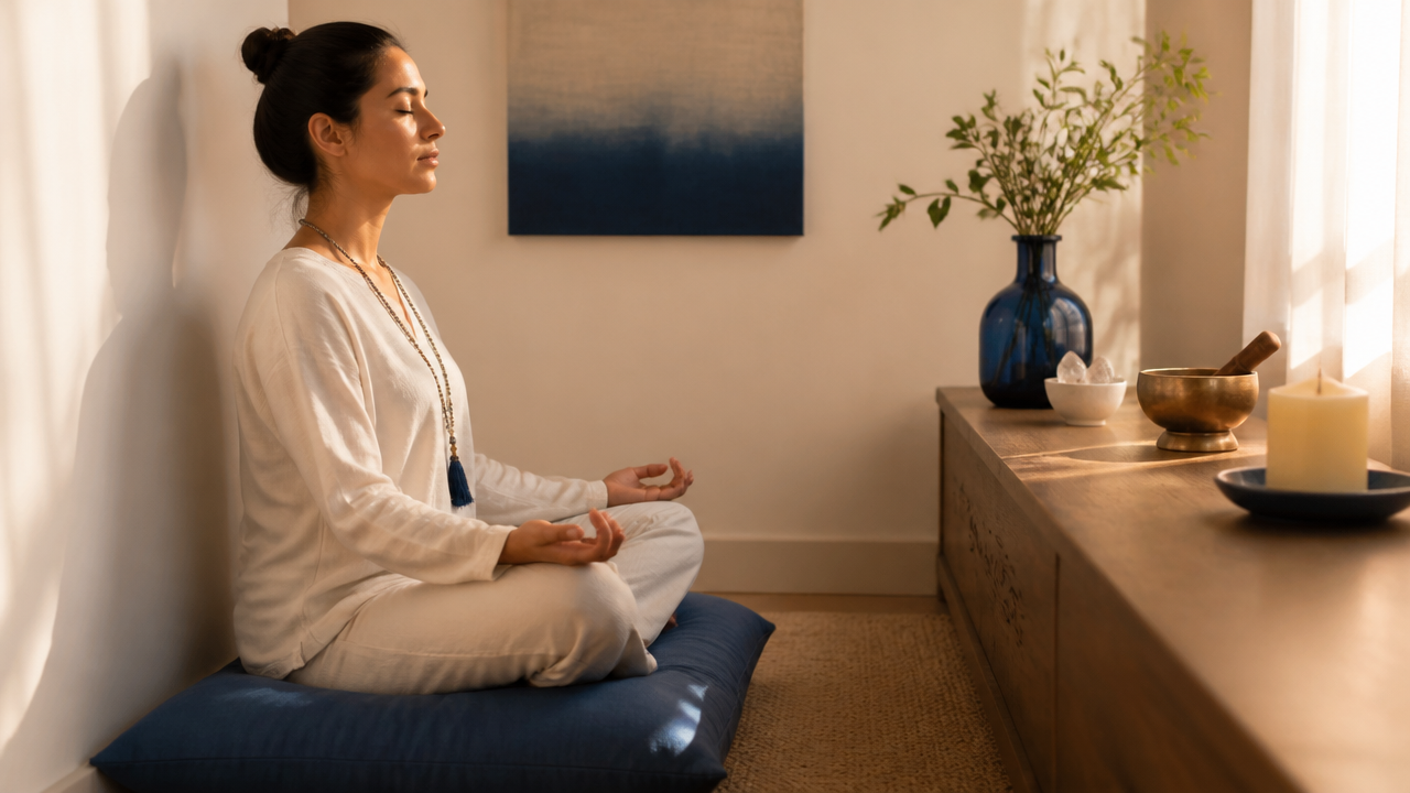 Canto de sala pequeno com pessoa meditando, cristais e sino, em prática de harmonização energética.