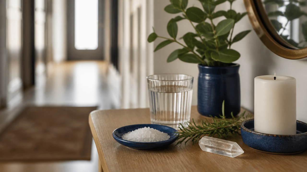 Canto simples de proteção na entrada de casa com água, sal grosso, alecrim e cristal