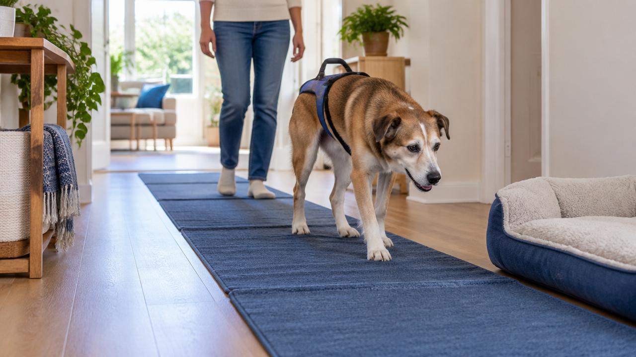 Cão com mobilidade reduzida caminhando sobre tapetes antiderrapantes em uma casa adaptada
