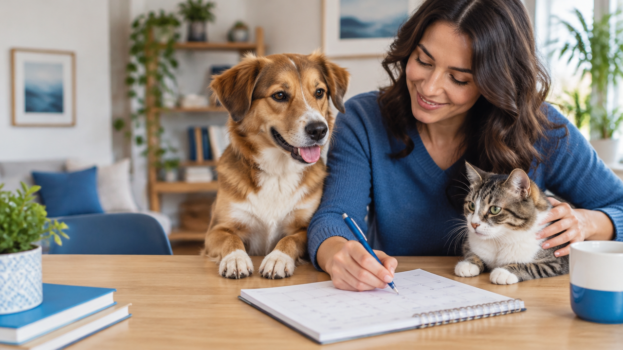Cão e gato ao lado de um calendário enquanto o tutor organiza os cuidados preventivos.