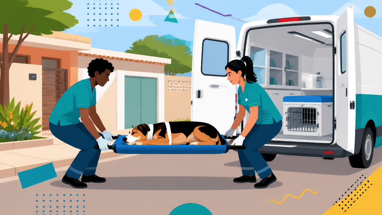 Cão sendo transportado com alinhamento corporal e apoio adequado até veículo de atendimento veterinário móvel