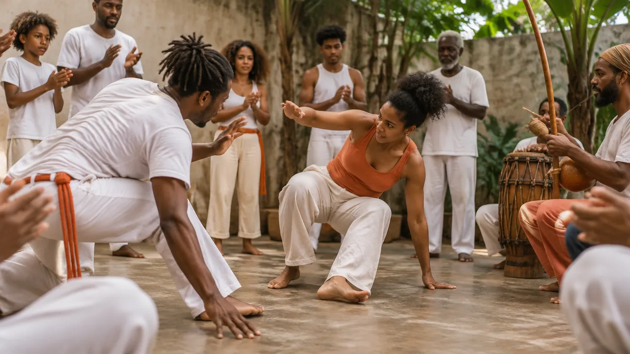 Capoeiristas e músicos em uma roda comunitária, expressão cultural vivida com respeito