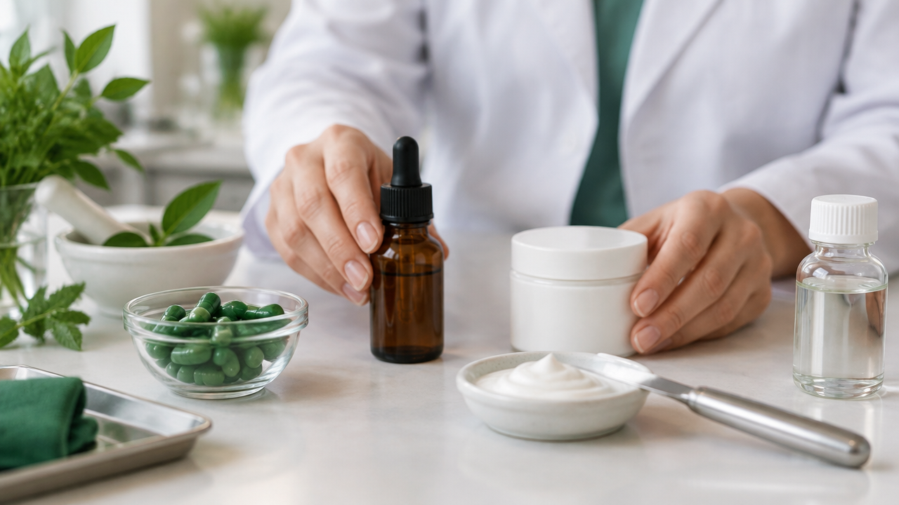 Cápsulas, creme e frascos sem rótulo representam formas farmacêuticas manipuladas