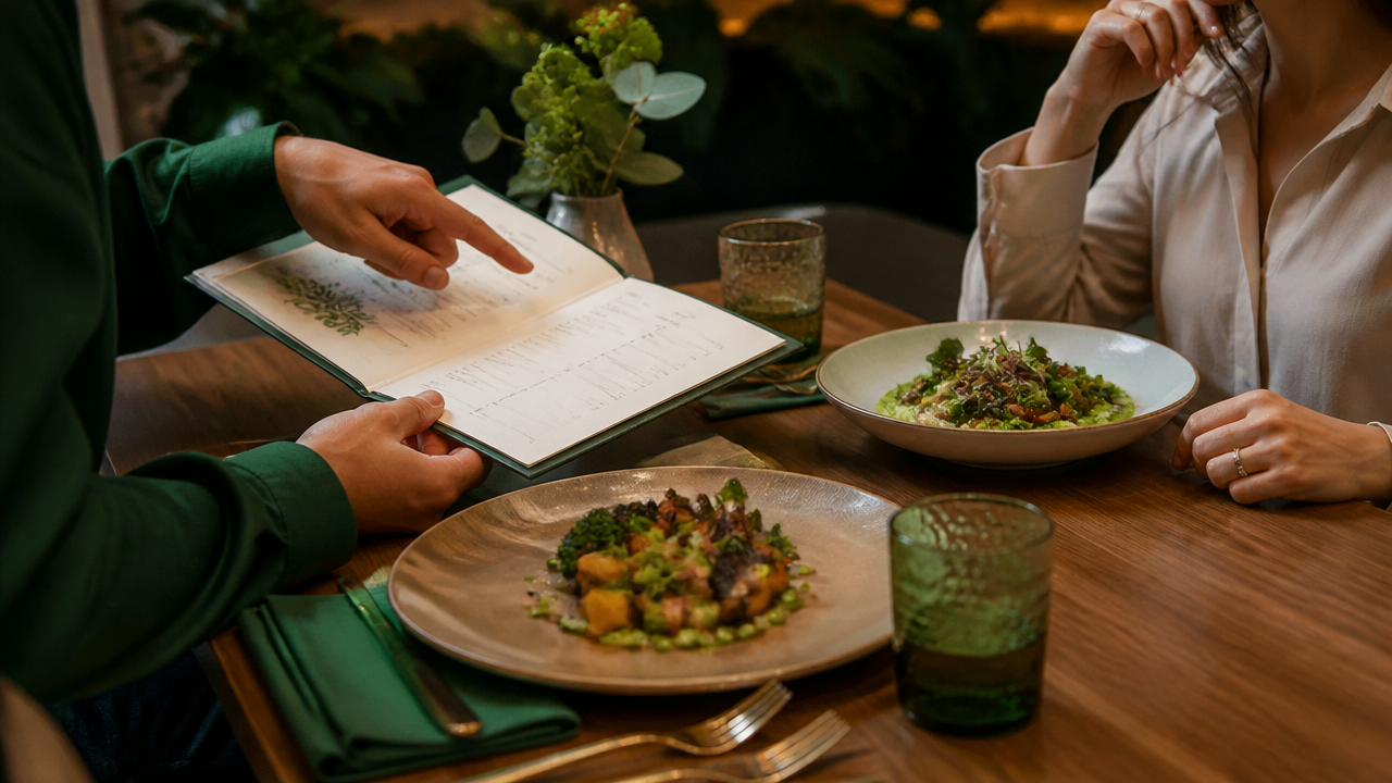 Cardápio ao lado de pratos vegetarianos bem apresentados em mesa de restaurante