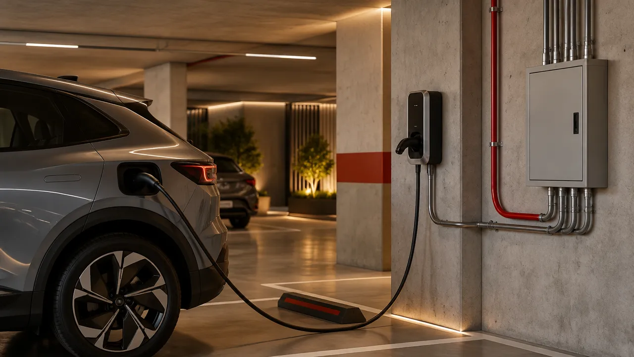 Carregador residencial instalado em garagem com infraestrutura elétrica organizada