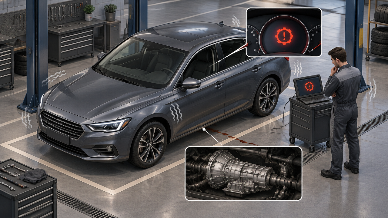 Carro automático em inspeção, com vibração e pequeno vazamento como sinais que exigem avaliação