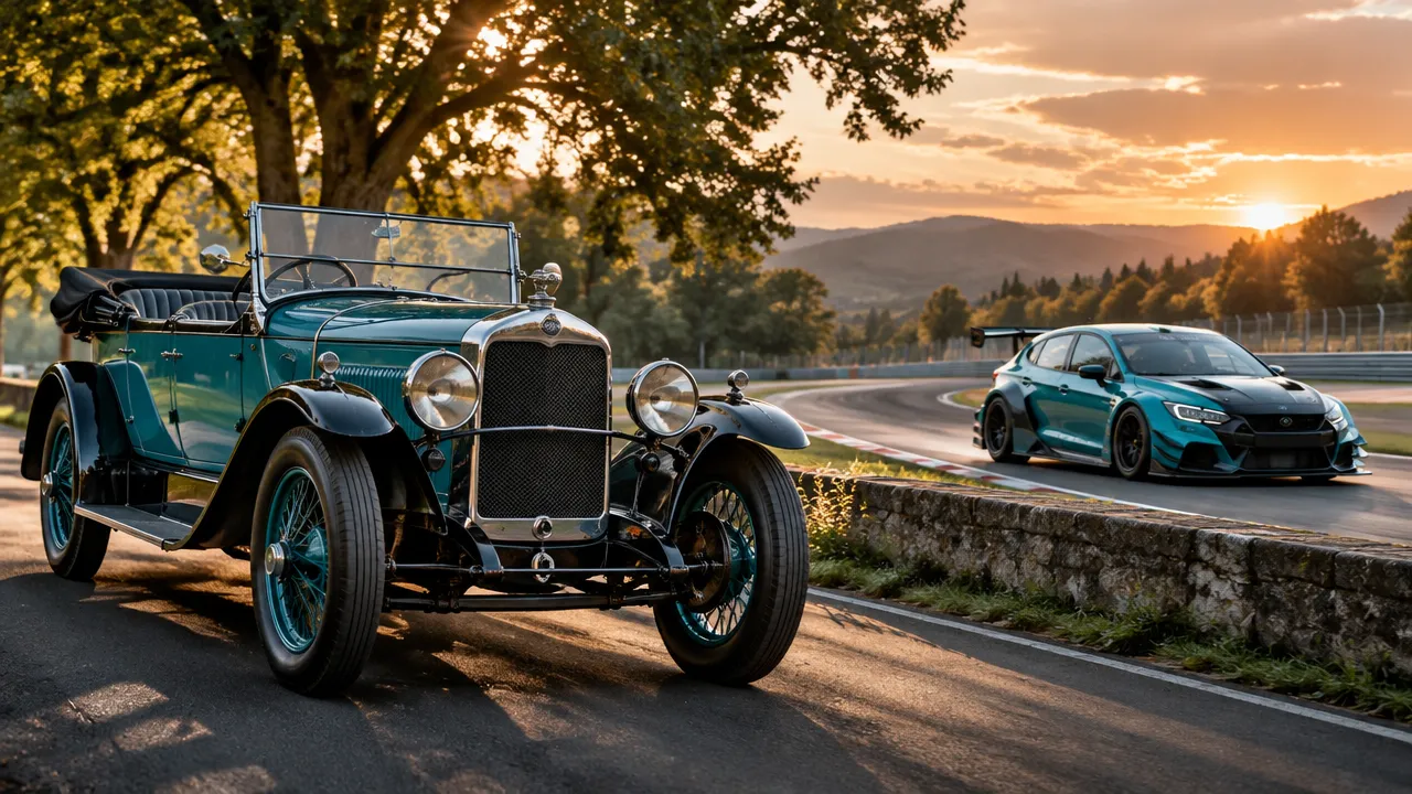 Carro clássico aberto e carro de corrida moderno ilustram os dois sentidos de automóvel de turismo