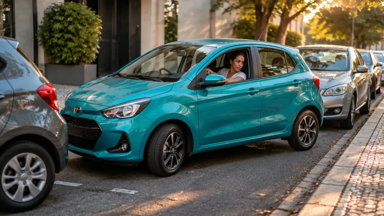 Carro compacto sendo estacionado em uma vaga urbana estreita