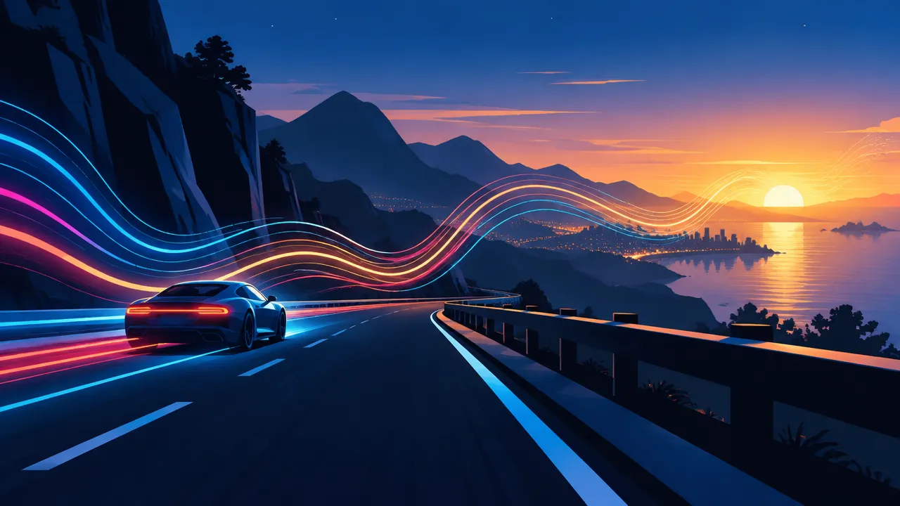 Carro genérico numa estrada noturna, acompanhado por ondas sonoras que se transformam em luz de amanhecer.