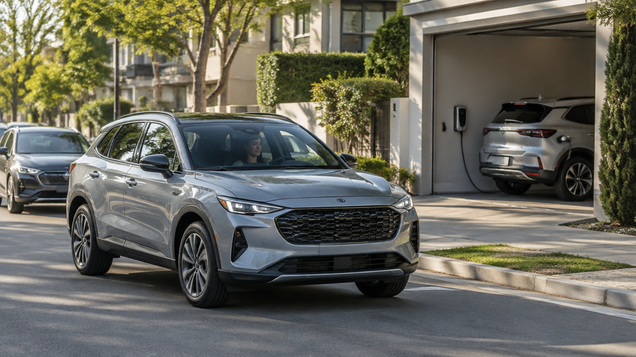 Carro híbrido em trânsito urbano e veículo plug-in conectado a carregador residencial