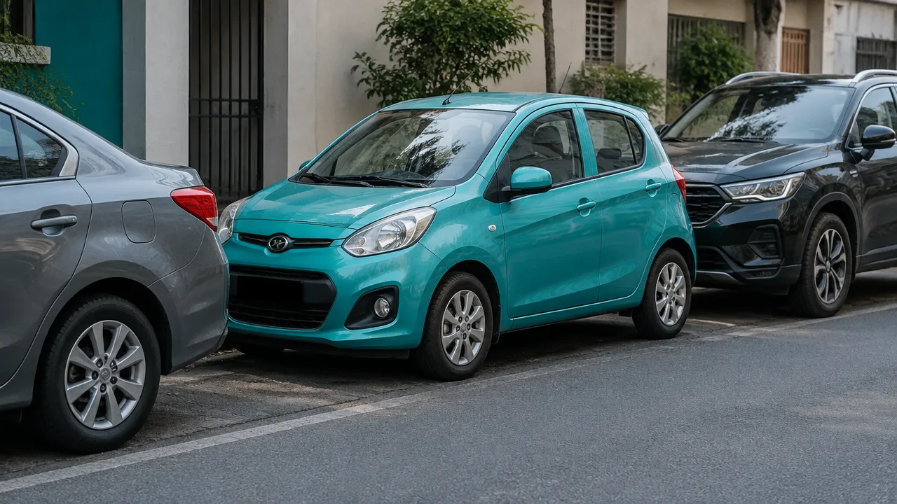 Carro urbano pequeno estacionado em uma vaga paralela estreita, destacando a facilidade de manobra.